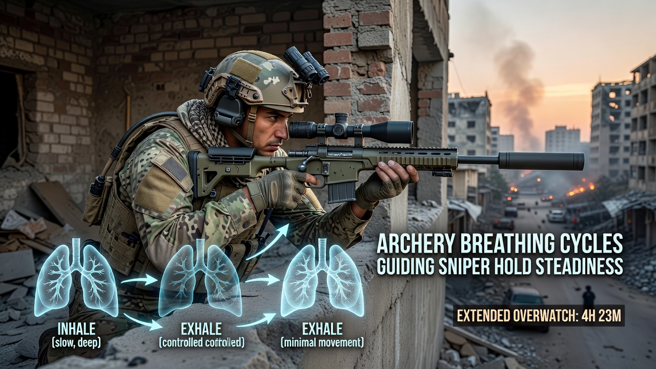 Professional gamer practicing steady scope hold with overlaid breathing cycle indicators during training