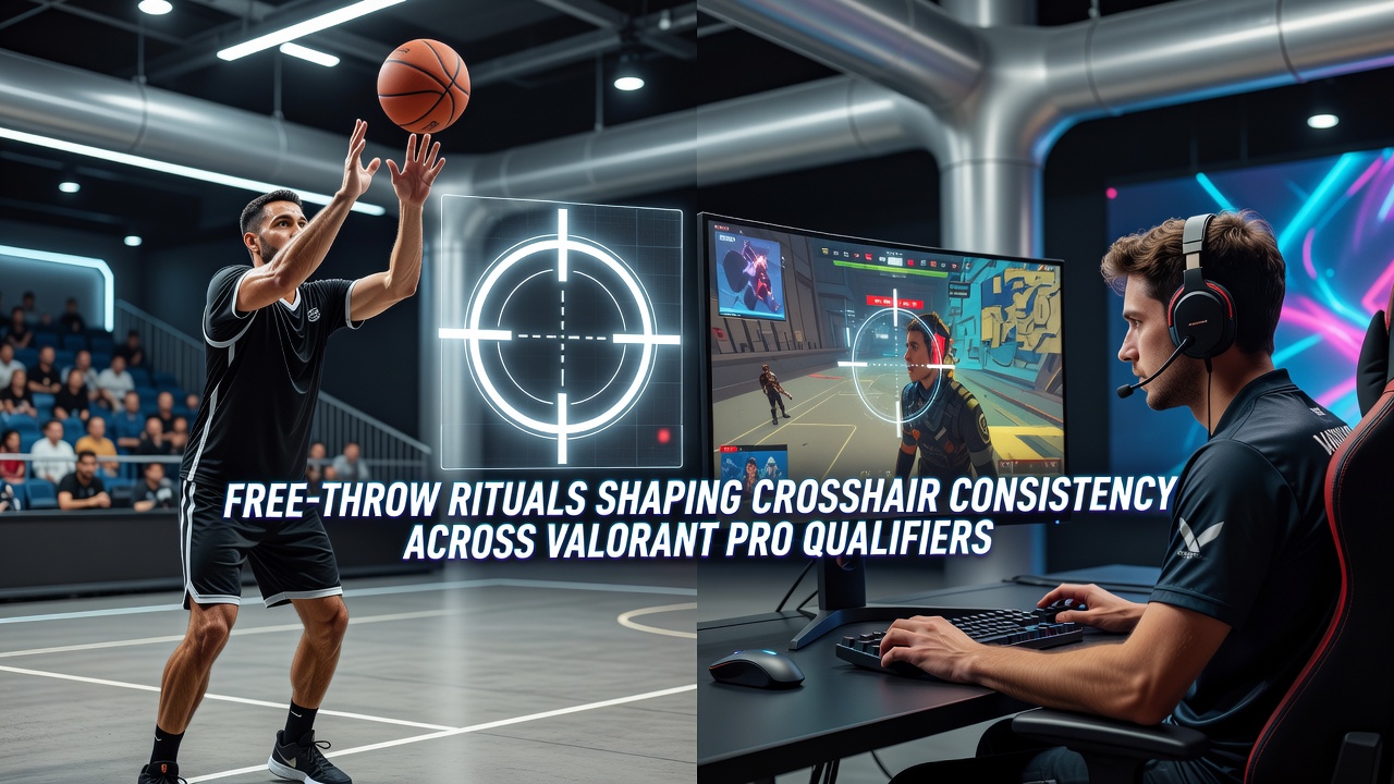 Close-up of a pro Valorant player's hand executing a controlled mouse movement that parallels a basketball free-throw routine