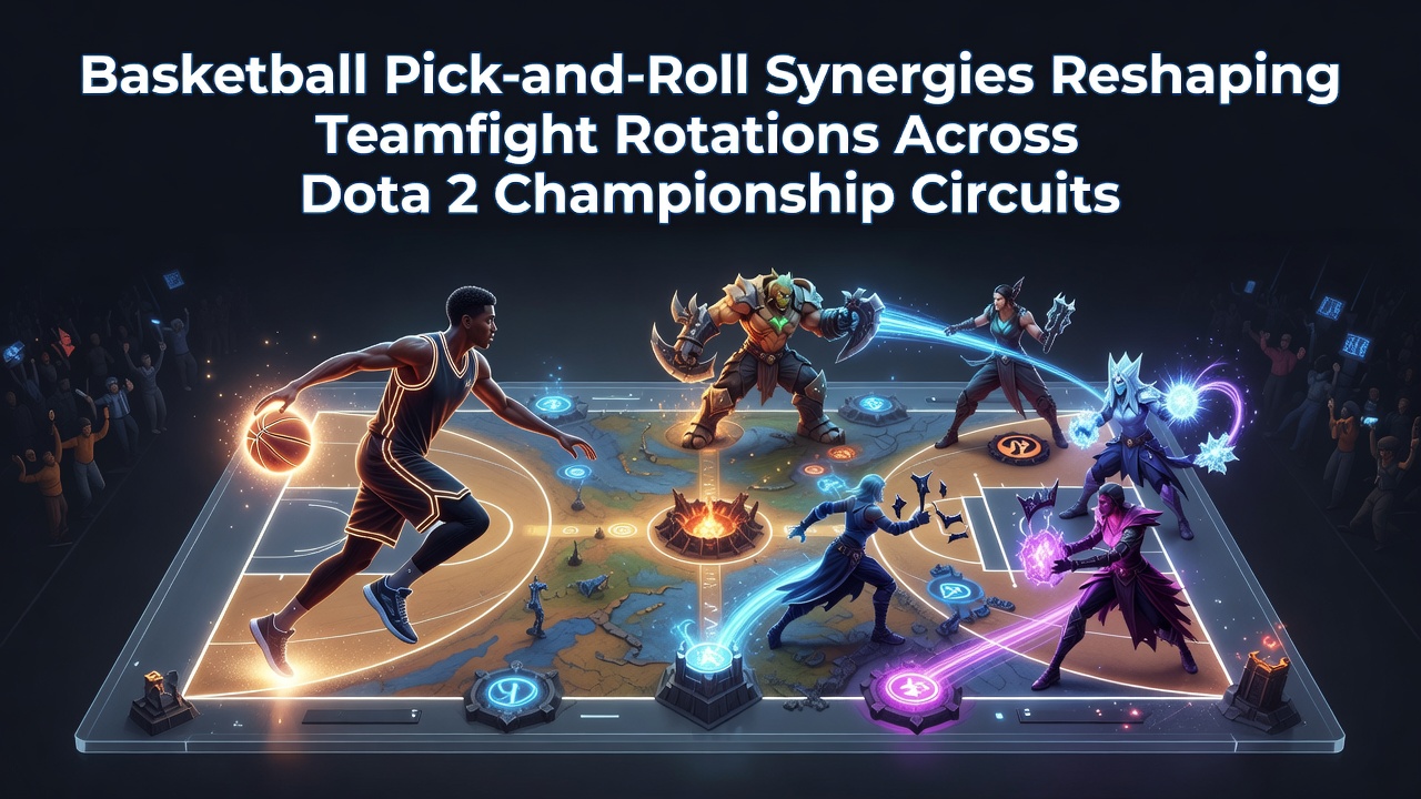 Dota 2 players executing coordinated teamfight rotations inspired by basketball pick-and-roll tactics during a championship match