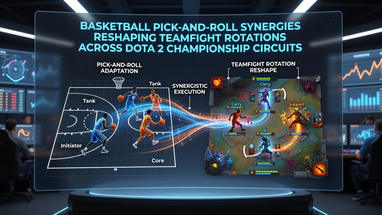 Coaches reviewing Dota 2 replay footage that highlights pick-and-roll inspired teamfight positioning strategies