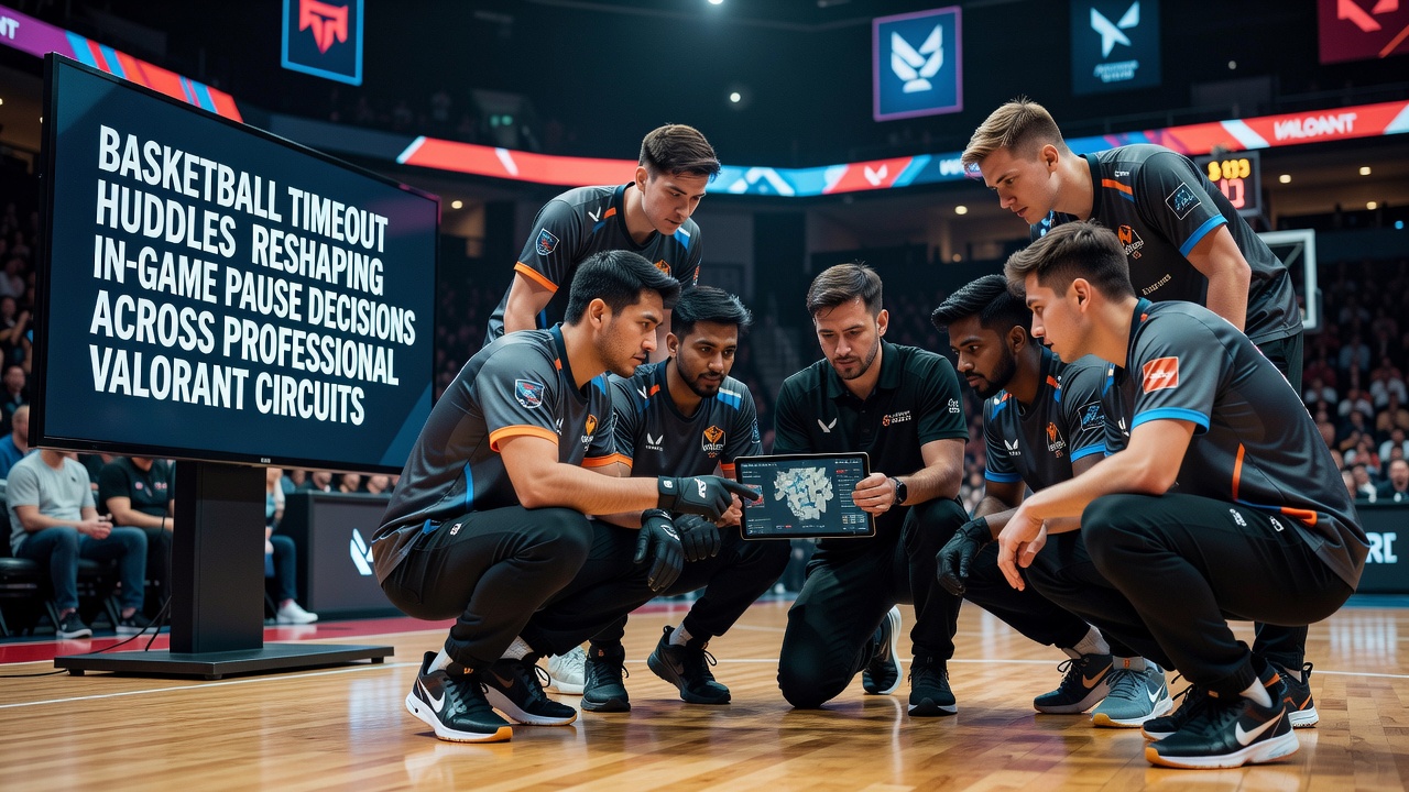 Close-up of a Valorant coach directing players during a timeout huddle with tactical overlays visible on a nearby screen