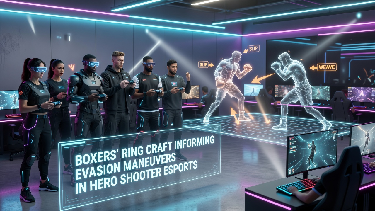 Esports player executing in-game juke that mirrors boxing slip patterns during a hero shooter match