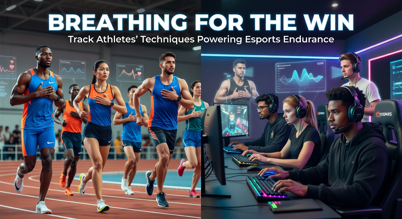 A track athlete mid-stride on a running track, deeply inhaling through rhythmic nasal breathing to maintain pace during a long-distance race