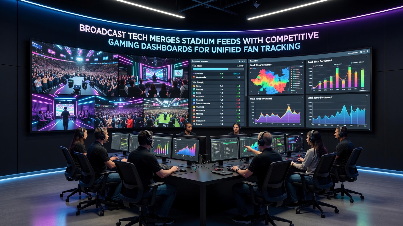 Fans viewing merged stadium and esports dashboard on large venue screens during an August 2026 event