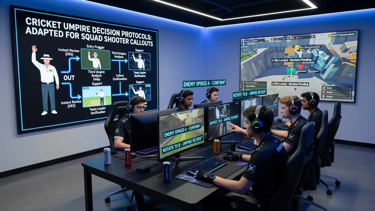Esports players in a squad shooter competition using headsets and calling out positions on screen