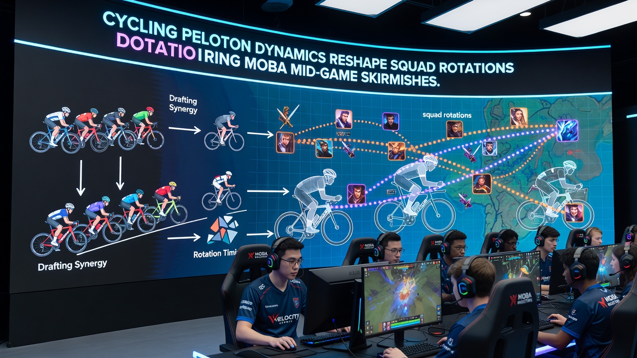 MOBA team executing coordinated mid-lane rotation during a professional tournament match
