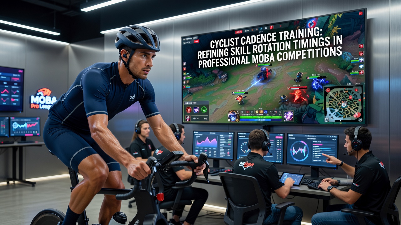 Cyclist maintaining steady cadence on a training bike while esports analysts review MOBA rotation data on nearby screens