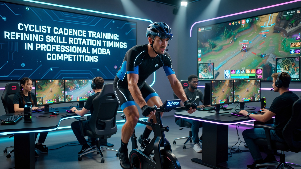 Professional MOBA player executing timed skill rotations on a high-end setup with cycling cadence monitor visible in background