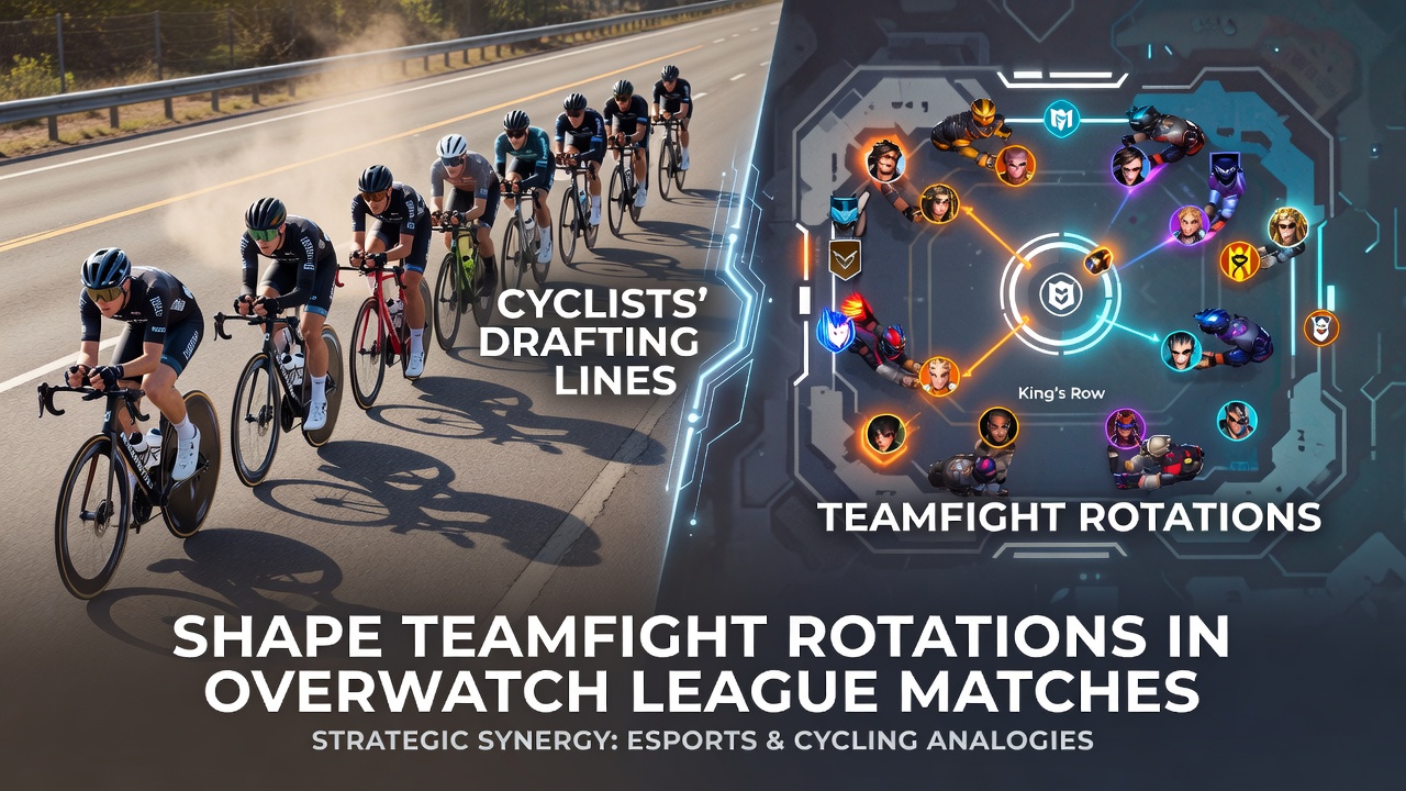 Overwatch League players execute a coordinated teamfight rotation on stage, maintaining tight positioning lines reminiscent of cycling drafting formations