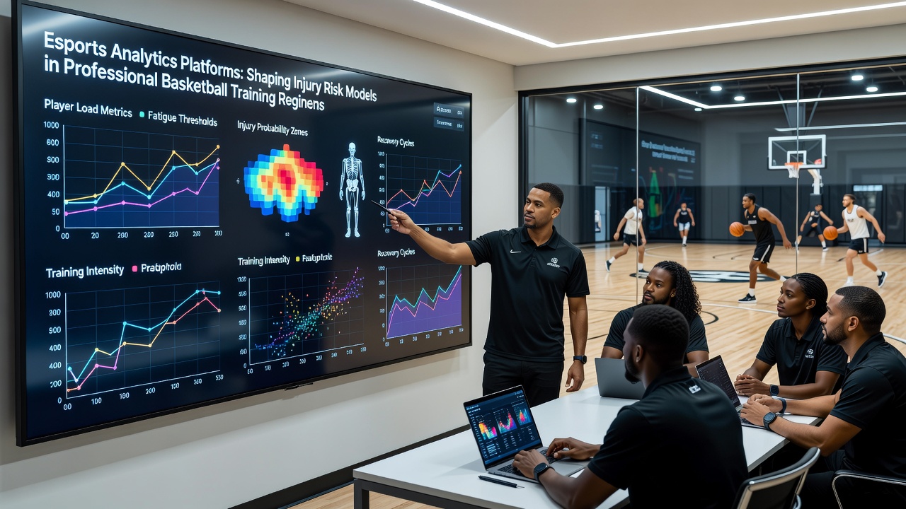 Professional basketball player reviewing analytics overlay during training session with wearable sensors active