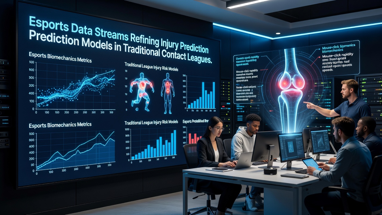 Esports players monitored with biometric sensors during competition, showing real-time data streams on performance dashboards