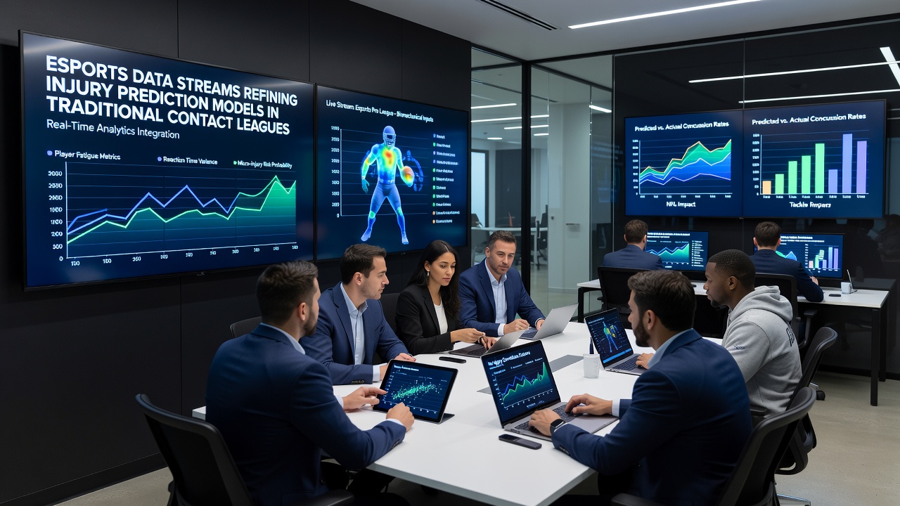 Analysts reviewing integrated esports and sports injury data on multiple screens in a professional training facility