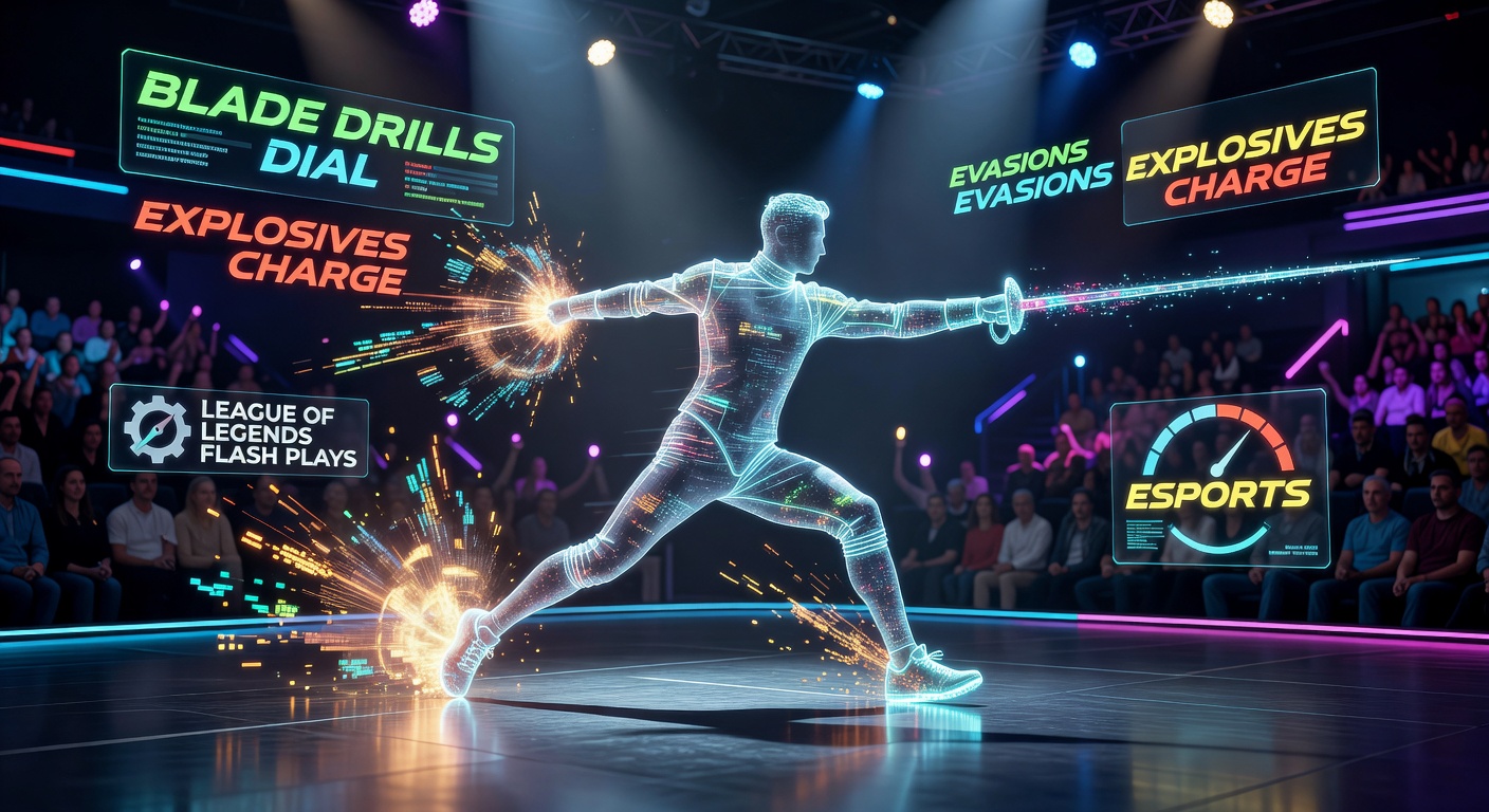 A fencer mid-lunge executing a precise blade drill, mirroring the explosive flash engage in a League of Legends pro match