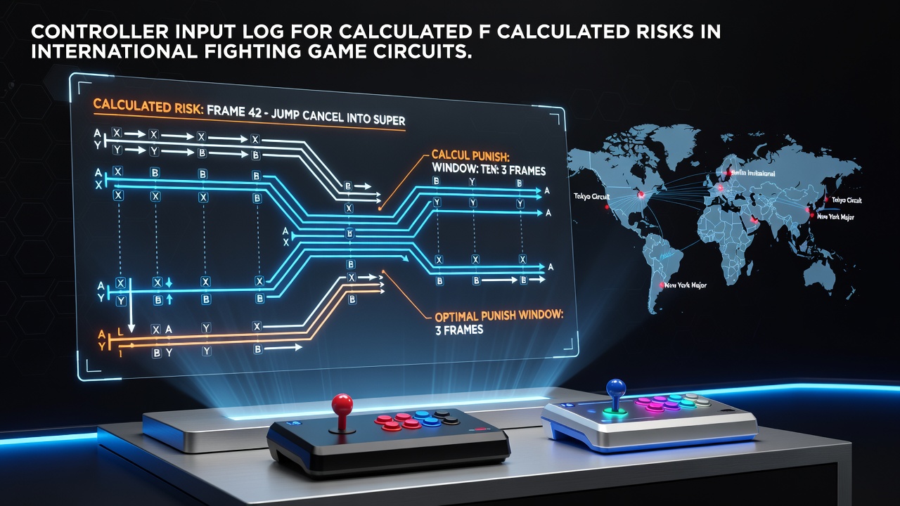 Detailed visualization of controller input logs displayed frame by frame during a professional fighting game analysis session