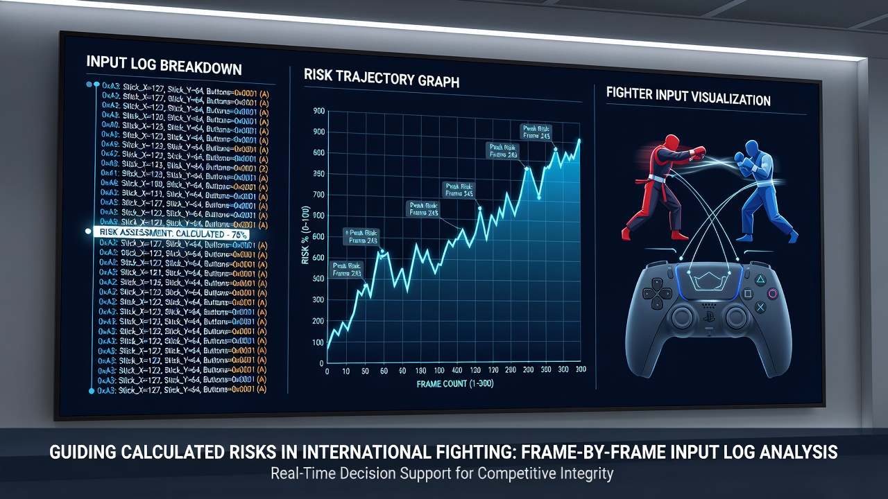 Team of analysts reviewing synchronized input timeline graphs for multiple players during an international fighting game circuit preparation meeting