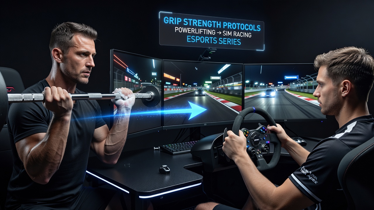 Powerlifter demonstrating grip training techniques alongside a sim racing setup with steering wheel