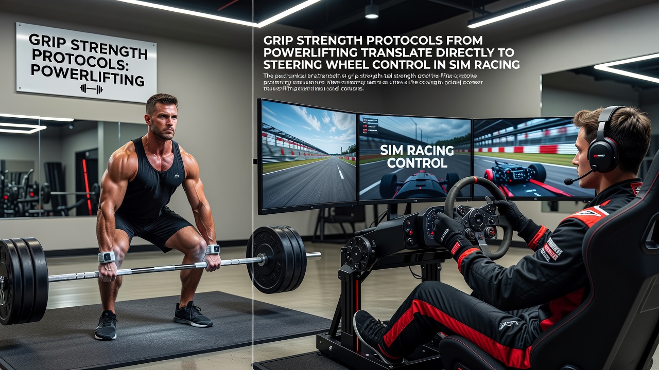 Sim racing driver applying grip techniques during a competitive session with powerlifting equipment visible in background