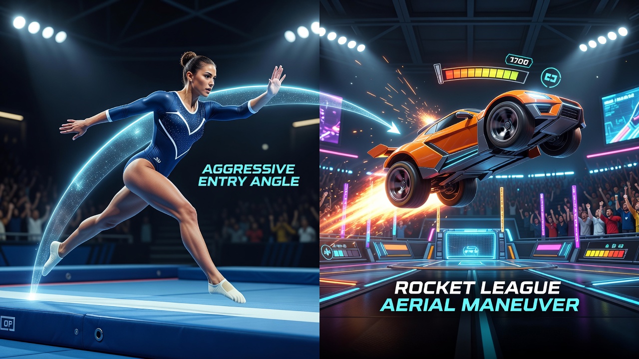 Rocket League player executing an aggressive aerial maneuver with steep entry angle