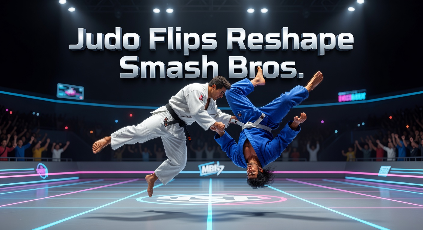 A judo practitioner mid-flip executing a precise throw on a competitive mat, mirroring the dynamic aerial maneuvers in Super Smash Bros. gameplay