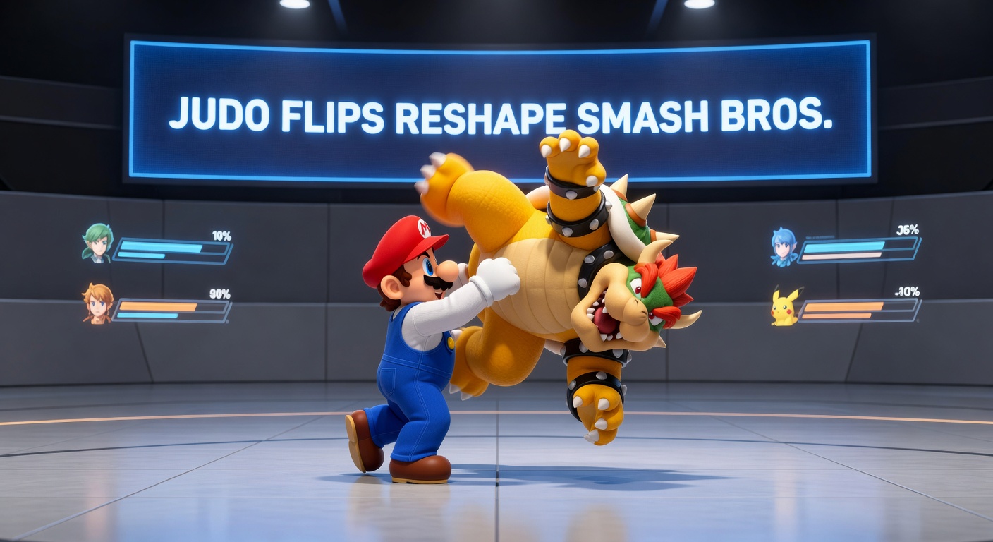 Competitive Smash Bros. player executing a flawless recovery flip on stage, body position echoing a judo ukemi roll during a major tournament match