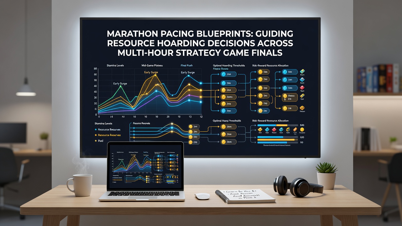 Marathon runners maintaining steady pace on a long course alongside an esports player managing resources in a prolonged strategy match