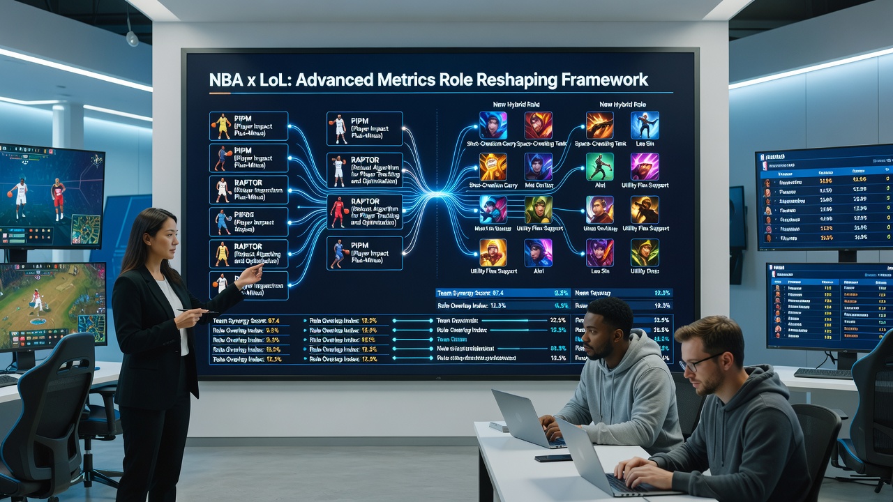 Analysts reviewing League of Legends match footage alongside NBA-style role classification charts
