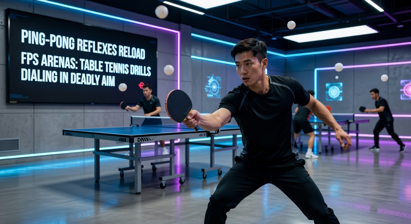 A professional FPS gamer mid-swing in a table tennis drill, paddle flashing toward a fast-spinning ball to sharpen razor-sharp reflexes for arena shooters
