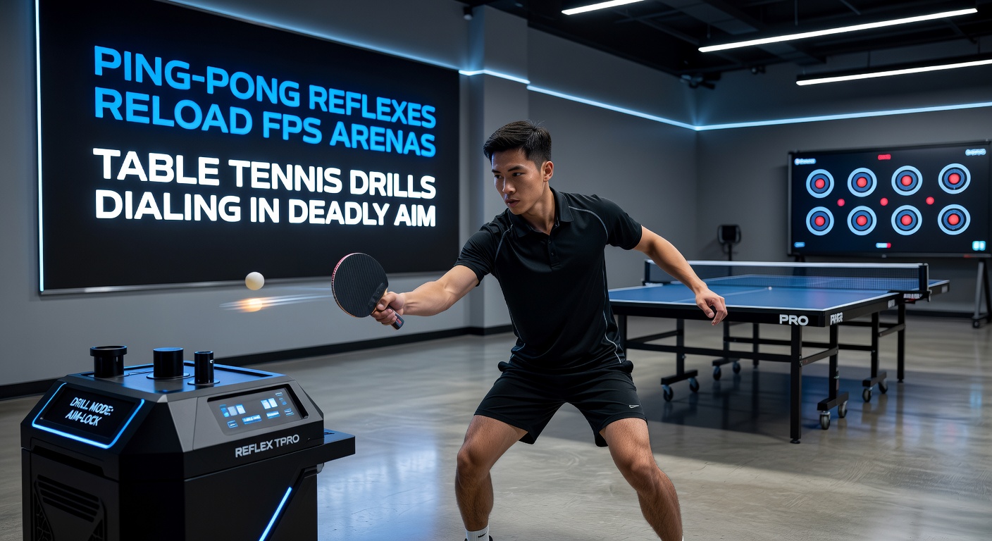 Close-up of an esports athlete's intense focus during a high-speed table tennis rally, sweat flying as the ball blurs toward the paddle amid FPS training gear