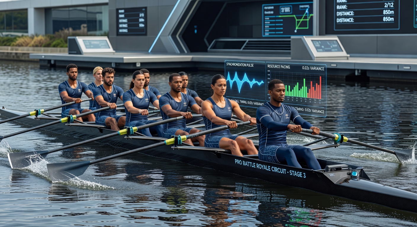 Rowing team executing synchronized strokes during a training session on calm water, highlighting coordinated movement patterns