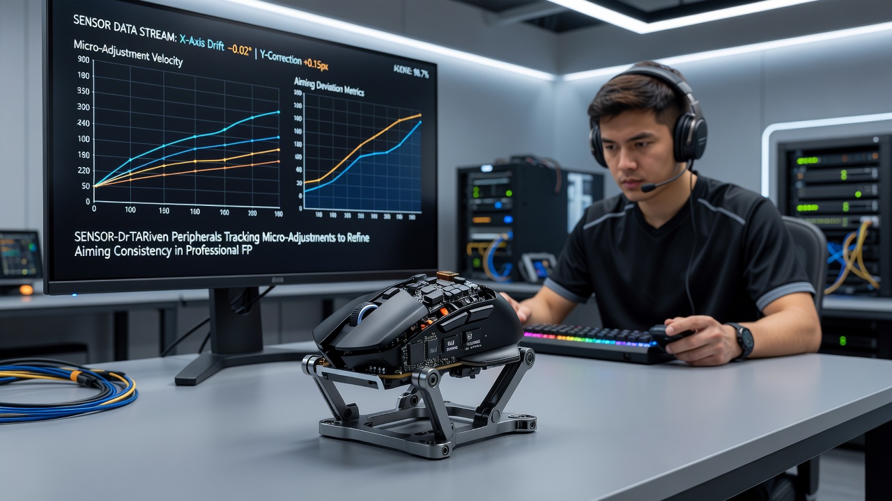Esports analyst reviewing sensor data visualizations from FPS peripherals on multiple monitors during a professional league session