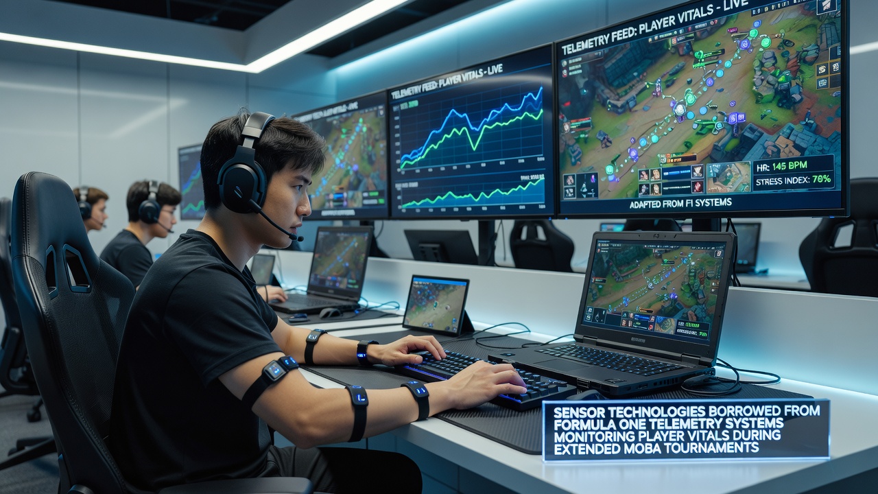 Sensor array adapted from Formula One telemetry units attached to a MOBA competitor during a multi-hour session