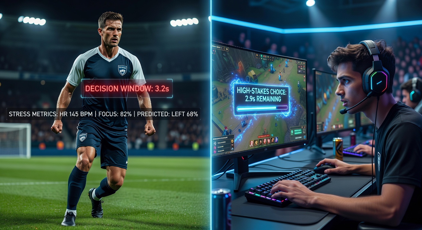 Soccer penalty kick moment captured alongside an esports player facing a critical in-game decision