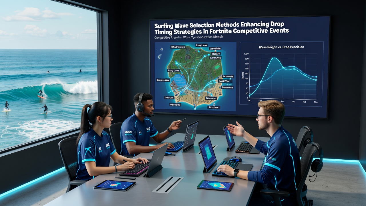 Fortnite esports team reviewing drop timing strategies during a competitive practice session