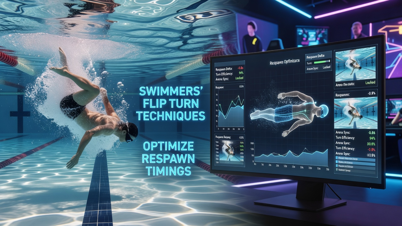 Esports athletes reviewing training footage that compares swimming flip turns with in-game respawn sequences