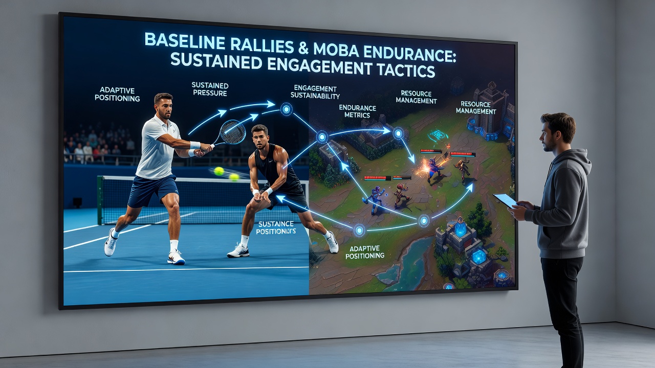 MOBA players in a professional arena setting during an extended team fight, demonstrating coordinated positioning and sustained pressure