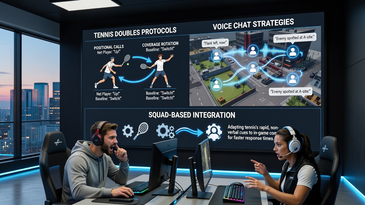 Esports team in a training facility reviewing voice chat logs and discussing communication protocols for upcoming matches