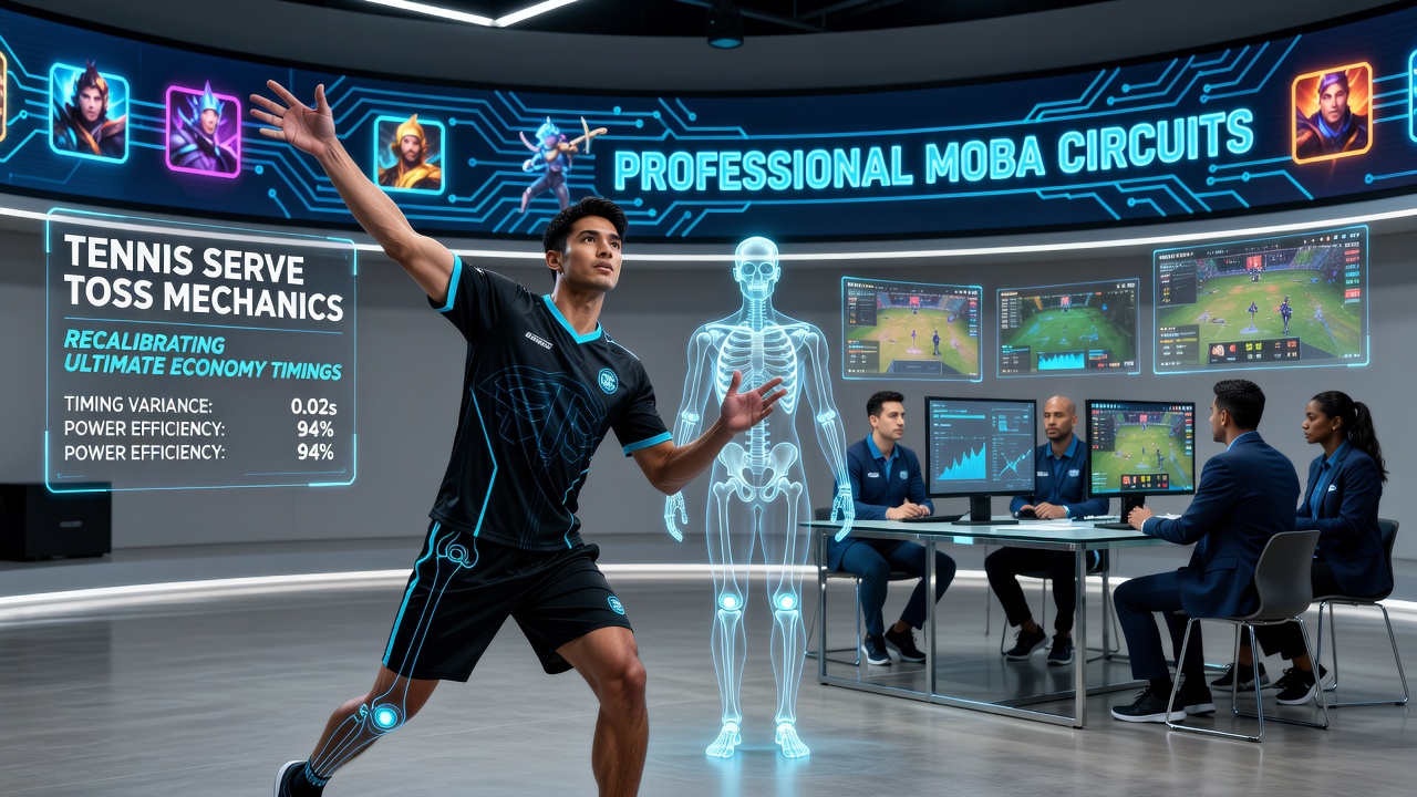 Esports analysts reviewing MOBA gameplay footage with tennis serve timing overlays for economy calibration