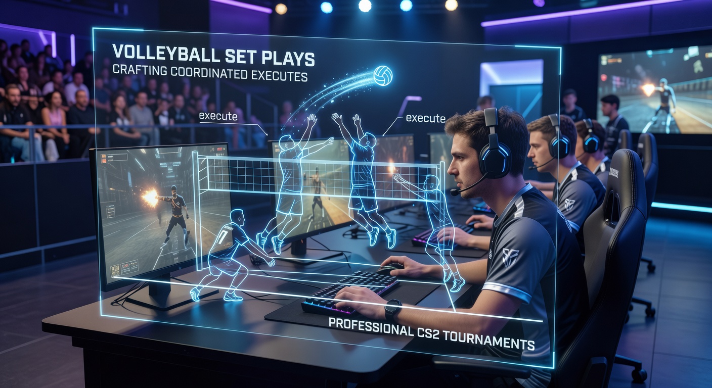 Volleyball players executing a coordinated set play during a professional match, highlighting timing and positioning that parallel CS2 strategies