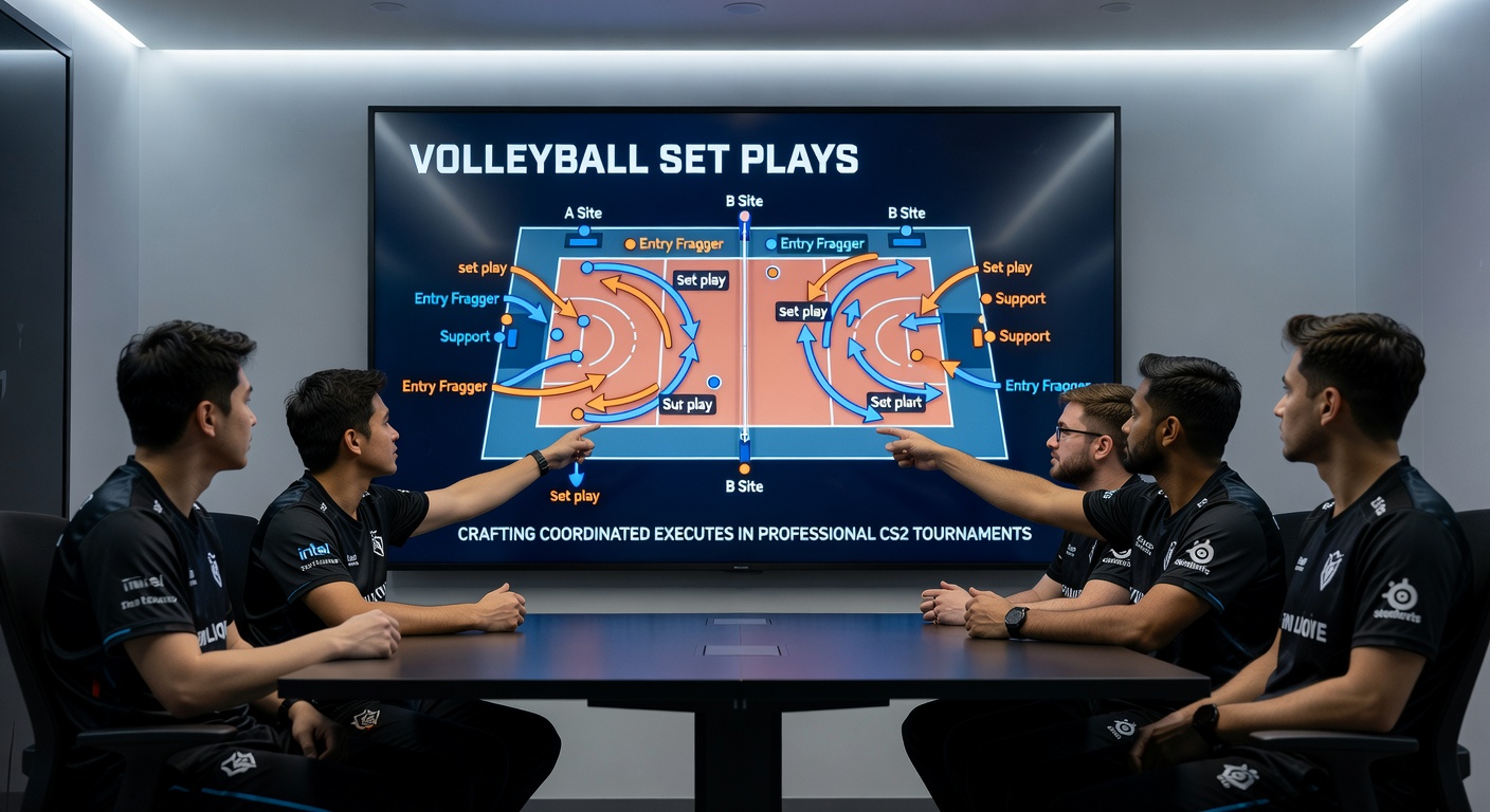 CS2 professional team executing a coordinated site take in a tournament setting, demonstrating synchronized player movements drawn from volleyball tactics