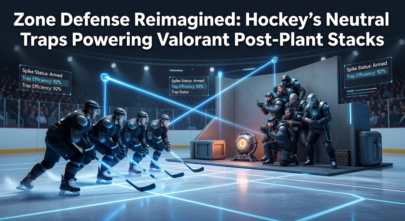 Hockey players executing a neutral zone trap, forcing opponents into controlled defensive positioning that mirrors Valorant post-plant strategies