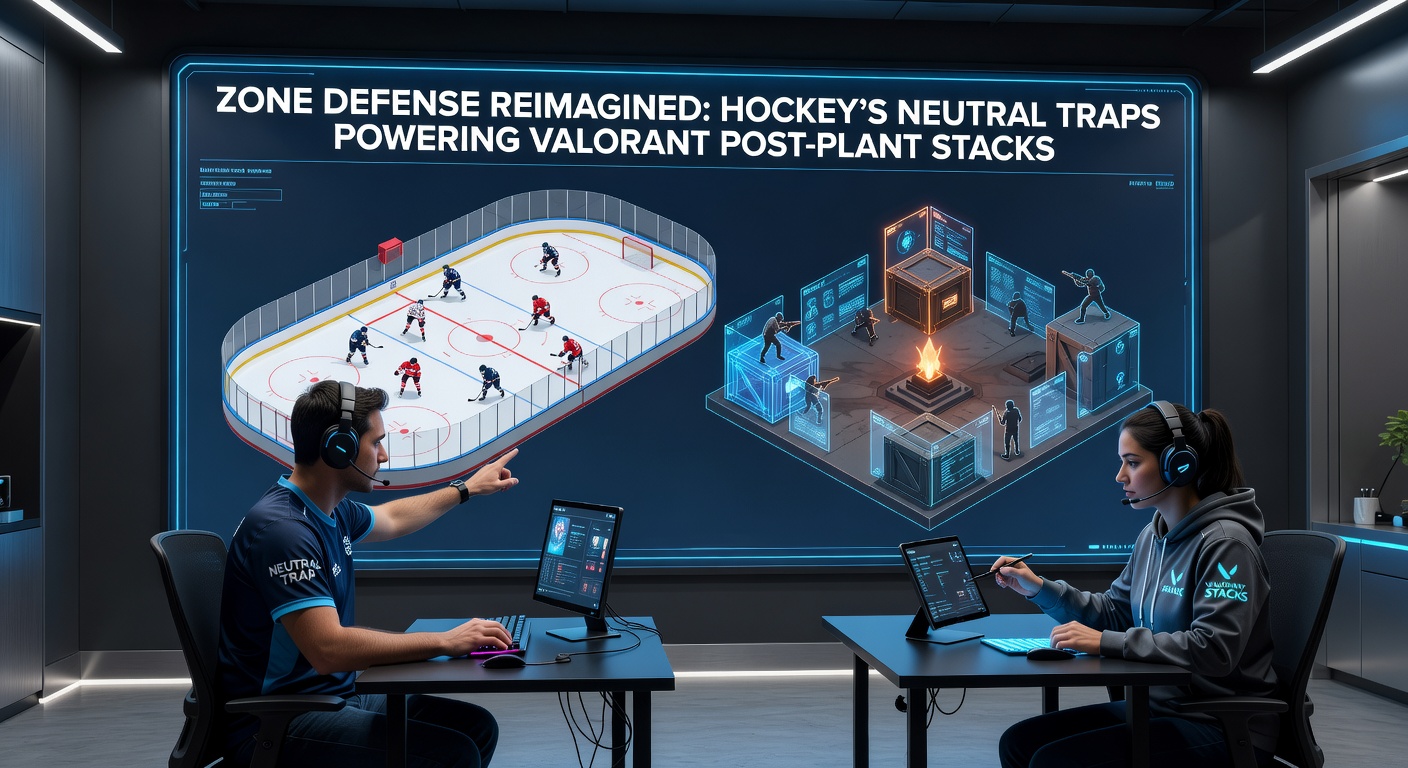 Valorant players stacking post-plant on Ascent site, using utility to zone attackers in a hockey-inspired trap formation